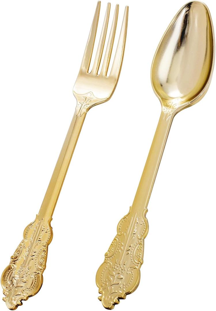 BUCLA 200 Piece Gold Plastic Silverware - Baroque Style Gold Plastic Forks and Spoons - 100 Forks and 100 Spoons for Weddings & Parties
