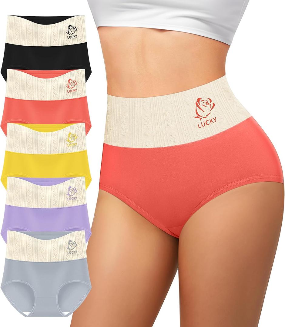 Women's Cotton Underwear High Waisted Tummy Control Soft Stretch Briefs Full Coverage Panties 5 Pack (L)