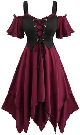 ROSE GAL Women Plus Medieval Renaissance Costume Dress Cold Shoulder Ruffles Layered Lace-up Underbust Corset Dress, 3XL