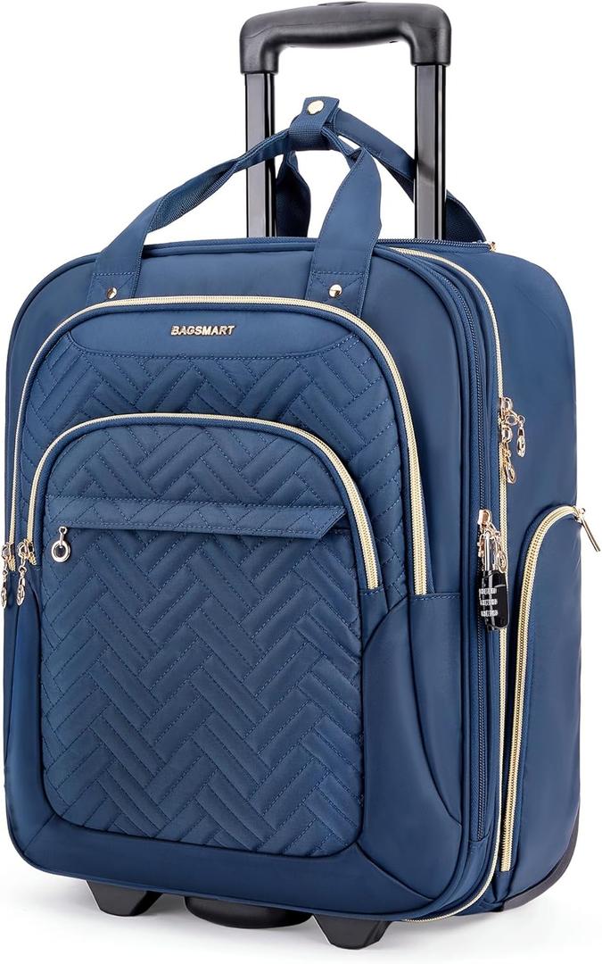 BAGSMART Underseat Carry On Luggage Airline approved,16-inch Small Under seater Soft side Travel Suitcase with Wheels Lightweight Overnight Rolling Carry-on Luggage for Women Men Weekender, Dark Blue