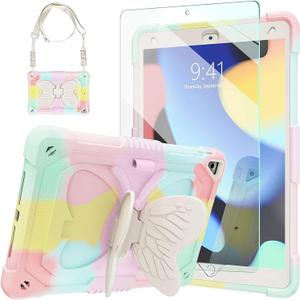 Ambison Case for iPad 9th/8th/7th Generation 10.2 inch with Glass Screen Protector,Rugged Shockproof Protective Cover for Kids Girls Butterfly Stand,Shoulder Strap for iPad 2021/2020/2019-Multicolor