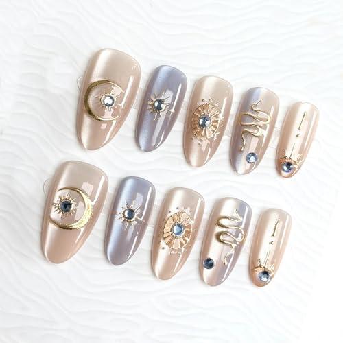 30Pcs Gold Star Press on Nails Medium Almond Fake Nails with 3D Blue Rhinestones Designs Glue on Nails Cute Moon Acrylic Nails Gold Snake French False Nails Bohemian Style Stick on Nails for Women