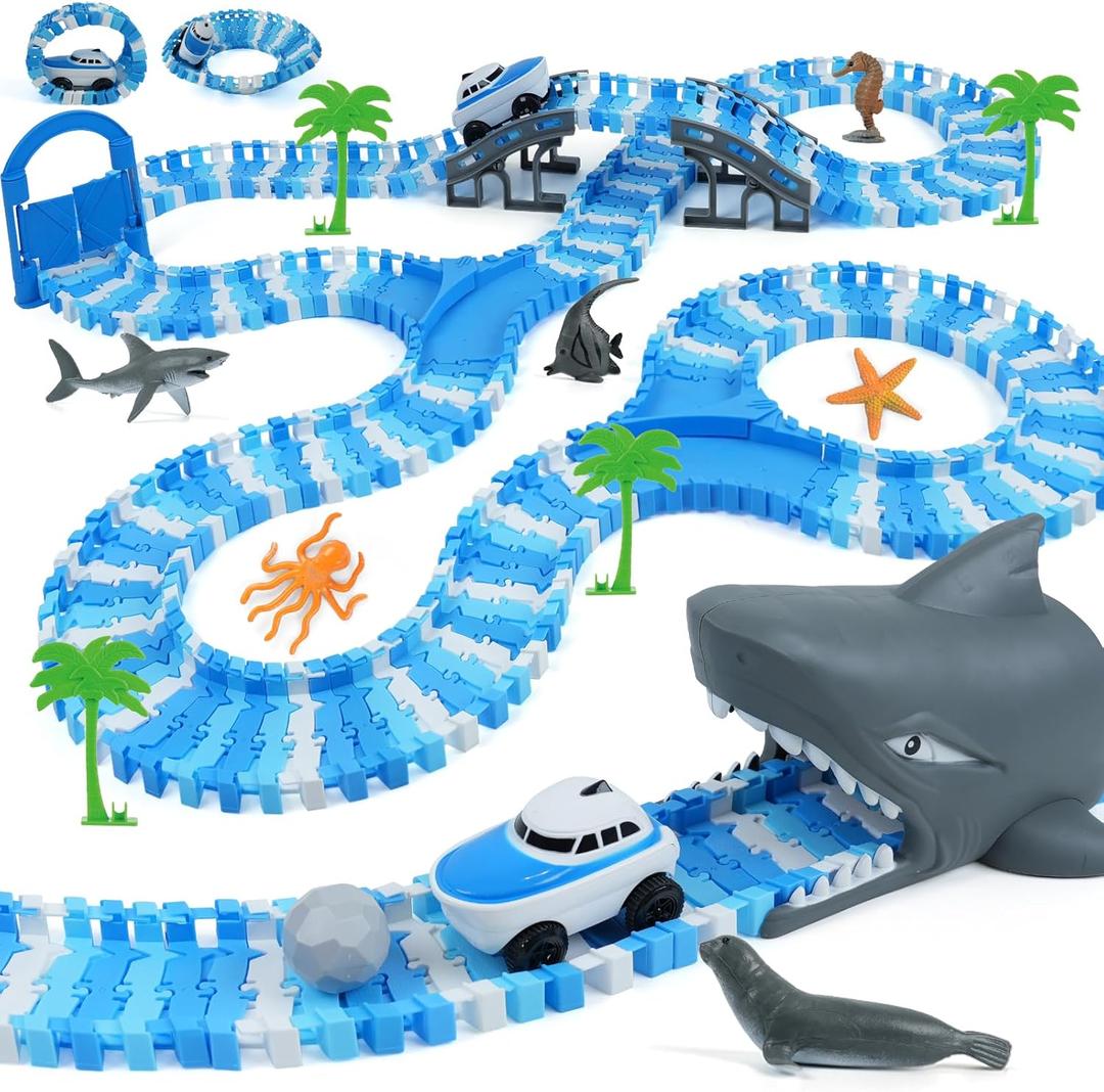 Ocean Race Track Toy Set for Kids - Birthday Gifts for Boys Age 3 4 5 6 7 Years Old, 240+ PCS Flexible Track Set with Vehicles and Shark Head Tunnel, Creative Building Playset