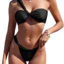ZAFUL Women's One Shoulder Bikini Twisted Ruched High Cut Bandeau Bikini Set Two Piece Swimsuit (Large, Black)
