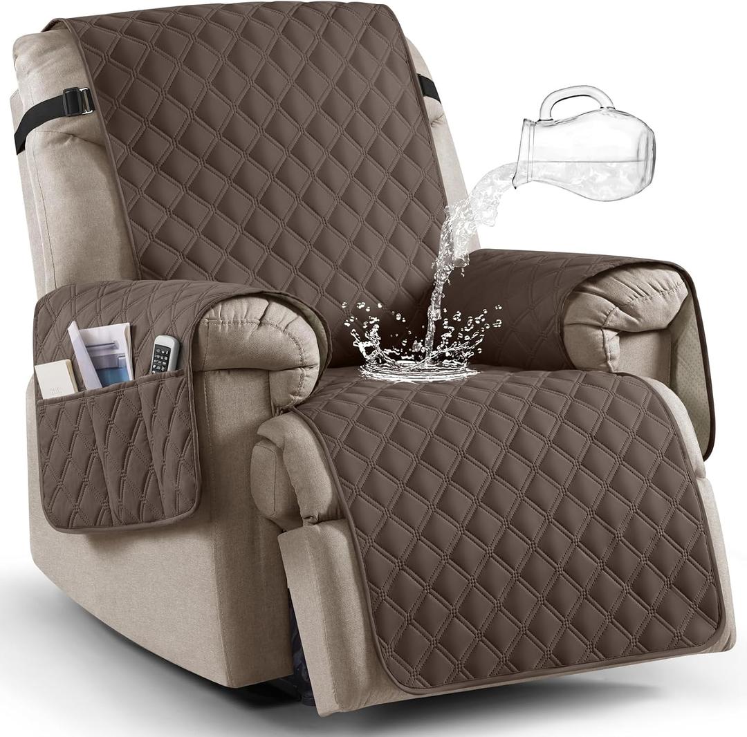 Ruaozz 100% Waterproof Recliner Chair Covers, Non-Slip Reclining Covers for Recliner Chair Washable Chair Cover, Recliner Covers with Pockets for Kids, Dogs, Pets (Brown, 30'')