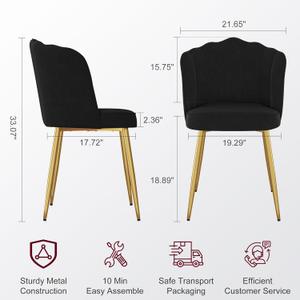 VECELO Velvet Dining Chairs Set of 2, Modern Upholstered Kitchen Chairs with Thick Cushions, Curved Padded Backrest and Metal Legs, for Kitchen, Dining Room, Living Room, Black