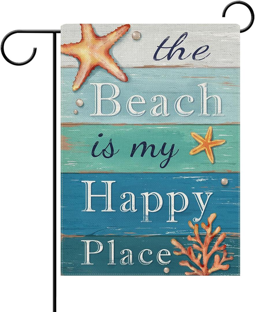 Dyrenson Summer The Beach is My Happy Place Decorative Garden Flag, Blue Coastal Starfish Farmhouse Yard Outside Home Decoration, Coral Pearl Nautical Rustic Outdoor Small Decor Double Sided 12 x 18