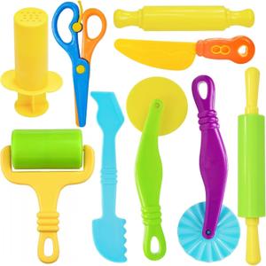 Dough Tools Set for Kids, 9 Pcs Dough Tools Sets for Kids Ages 4-8, Includes Cutters Roller, Rolling Pins, Safety Scissors, Plastic Knife (color01)