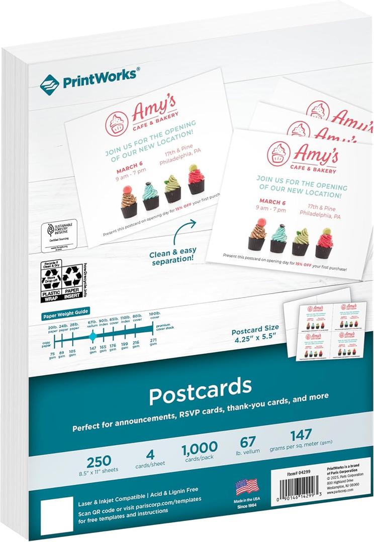250 x PrintWorks Blank Printable Postcards for Mailing & Printing - 1000 Cards (4.25" x 5.5" Post Card Size) - 4 per Sheet - 250 Sheets (8.5 x 11) - Made in the USA - No Envelope Needed - White (04299)