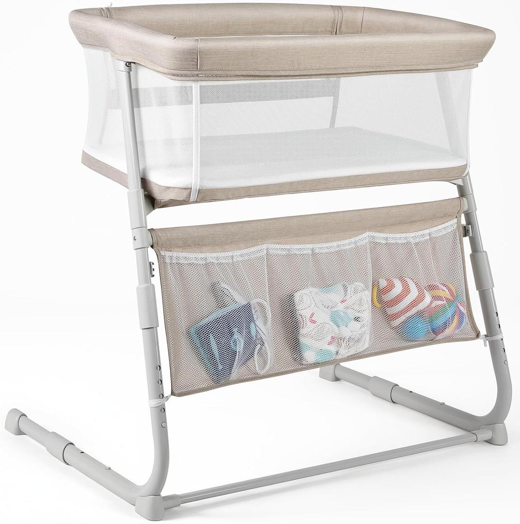 Cowiewie Bassinet Bedside Sleeper, Baby Bassinet Slides Over Bed, 5-Position Height Adjustment & Breathable All-Mesh Wall for Baby, Space-Saving Bedside Crib, Height (37.4-41.3"), Beige