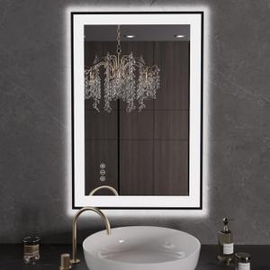 LOAAO 24"X36" LED Bathroom Mirror Black Framed, Anti-Fog, Dimmable, Lighted Bathroom Vanity Mirror for Wall, Memory Function, Tempered Glass
