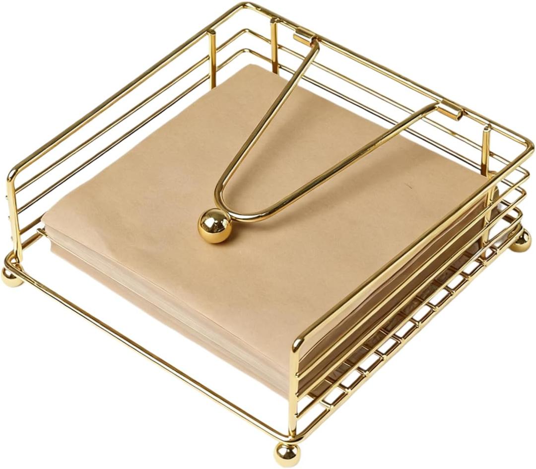 Gold Napkin Holder Modern Square Metal Flat Napkin Storage Stand Holder with Weighted Pivoted Arm for Outdoor Farmhouse Wedding Party Hotel