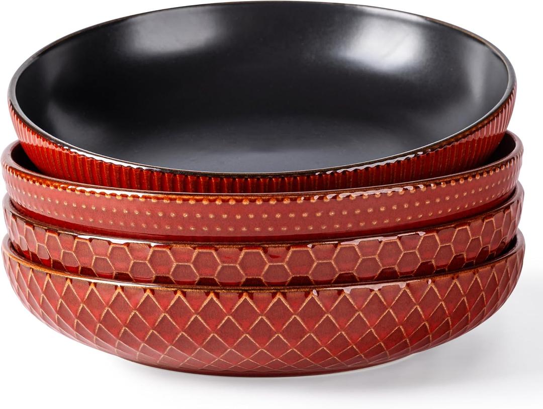 GBHOME 8.5'' Large Pasta Bowls, 36 Ounce Stoneware Salad Bowls for Kitchen, Ceramic Serving Bowls With Textured Pattern for Pasta,Fruit, Stews,Noodle, House-warming Gift, Set of 4-Rythmic Red