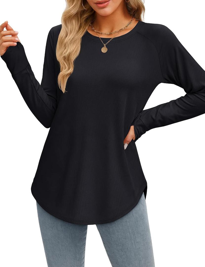 YUCOLEN Womens Long Sleeve Shirts with Thumb Hole Tunic Tops to Wear with Leggings Loose Fit with Crew Neck Curved Hem (Black, XXL)