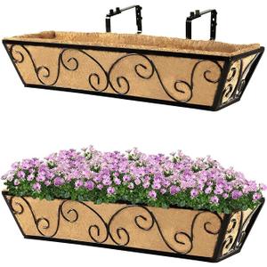 Y&M 24 Inch Window Deck with Coco Liner, Fence Metal Hanging Flower Planter Window Basket Deck Railing Planter Boxes for Outdoor Garden Lawn-Butterfly,2pcs