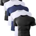 Dalavch 5 Pack Mens Compression Shirts Short Sleeve Cool Dry Sports Athletic Workout Base Layer Undershirt T-Shirt Tops (X-Large, 2 Black 2 White 1 Blue)