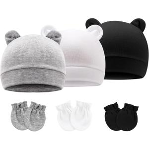 BQUBO Newborn Girls Hats Baby Hat and Mittens Set Infant Caps Bow Hospital Beanie with No Scratch Mittens for Baby Boys Girls, 0-3 Months, 3 Sets G: Bear Ears Hats & Mittens A(0-3 Months)