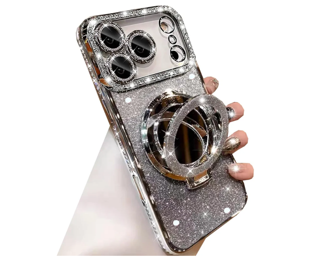 Changjia Magnetic Kickstand Glitter Case for iPhone 17 Pro Max,[Compatible with Magsafe] Cute Bling Sparkly Rhinestone with Camera Protector Makeup Mirror Women Girls Case for iPhone 17 Pro Max,Silver