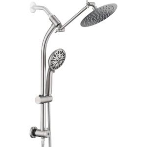 Rainfall 8 Inch Round Shower Head with High Pressure Handheld Spray Combo, Drill-Free Slide Bar with Adjustable Shower Extension Arm, 3-Way Diverter for Easy Reach, 5Ft Hose- Brushed Nickel