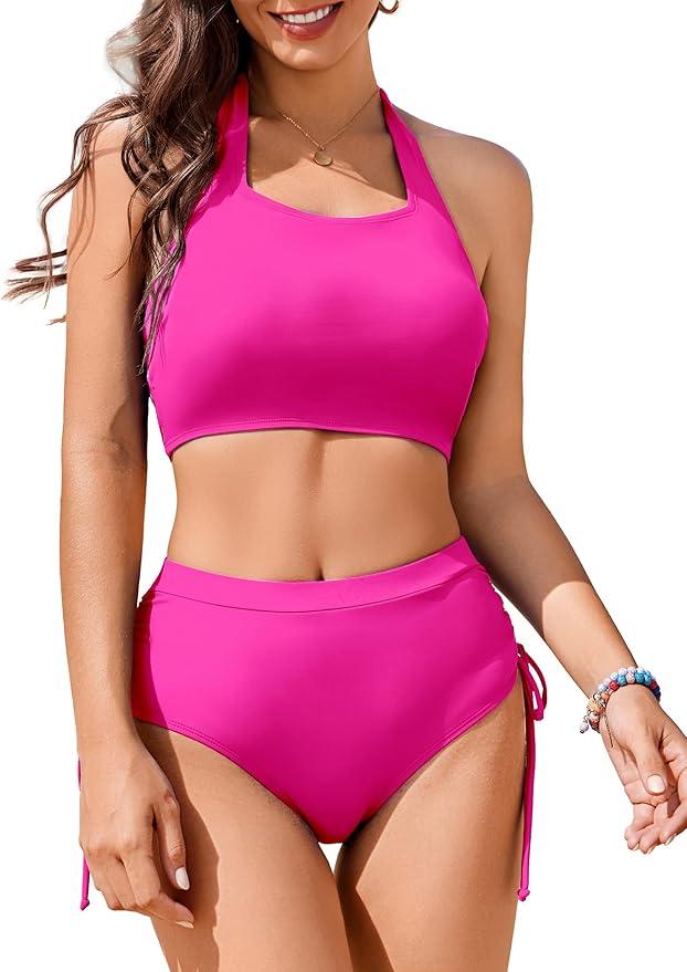 AI'MAGE Womens High Waisted Bikini Sets Cheeky Push Up Two Piece Swimsuits Drawstring Halter Tummy Control Bathing Suit, XL