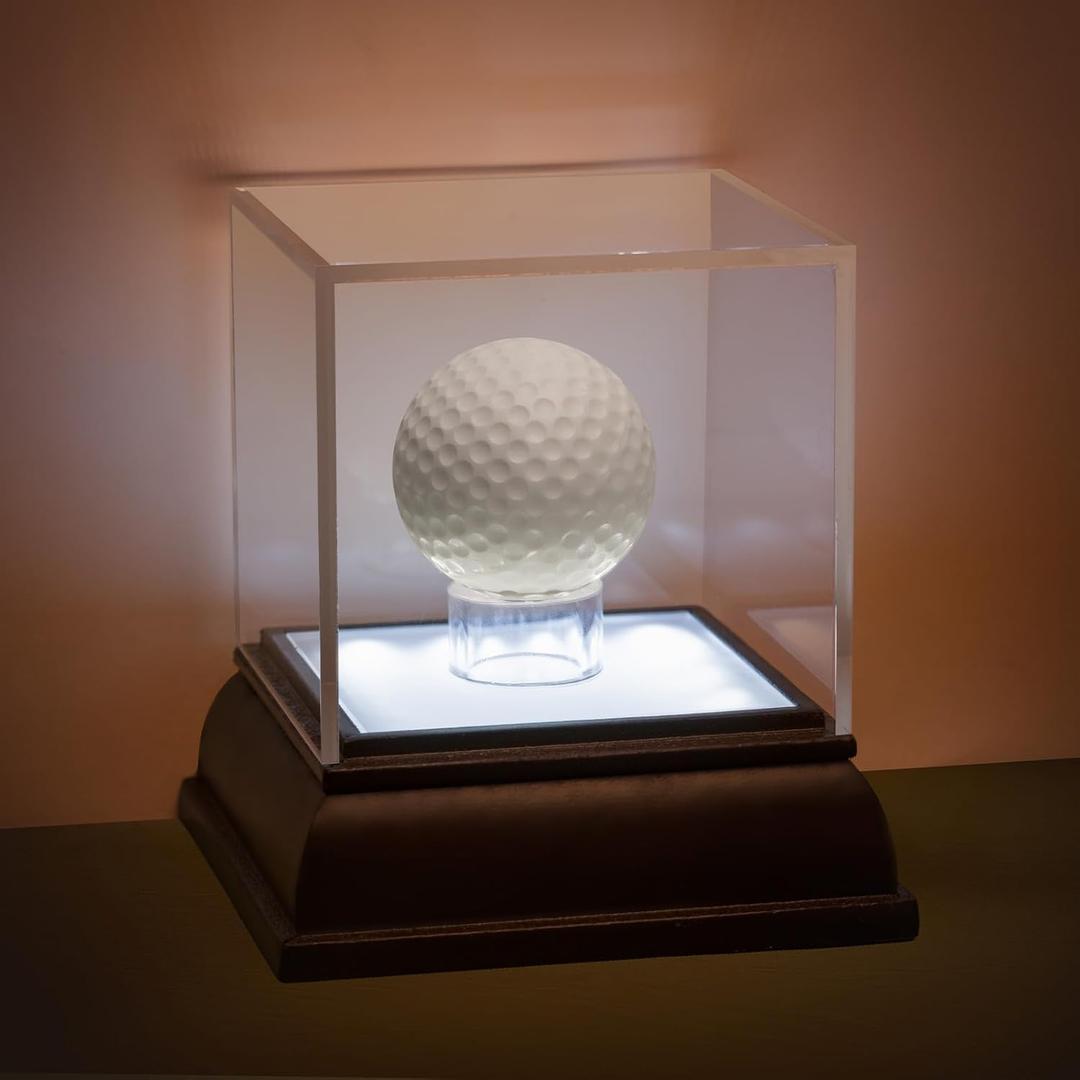 Golf Ball Display Case with Light, UV Protected Clear Acrylic Cube with Wood Base, Sports Memorabilia Display Holder for Single Ball Souvenir Golf Ball Collections (Golfball Box+LED)