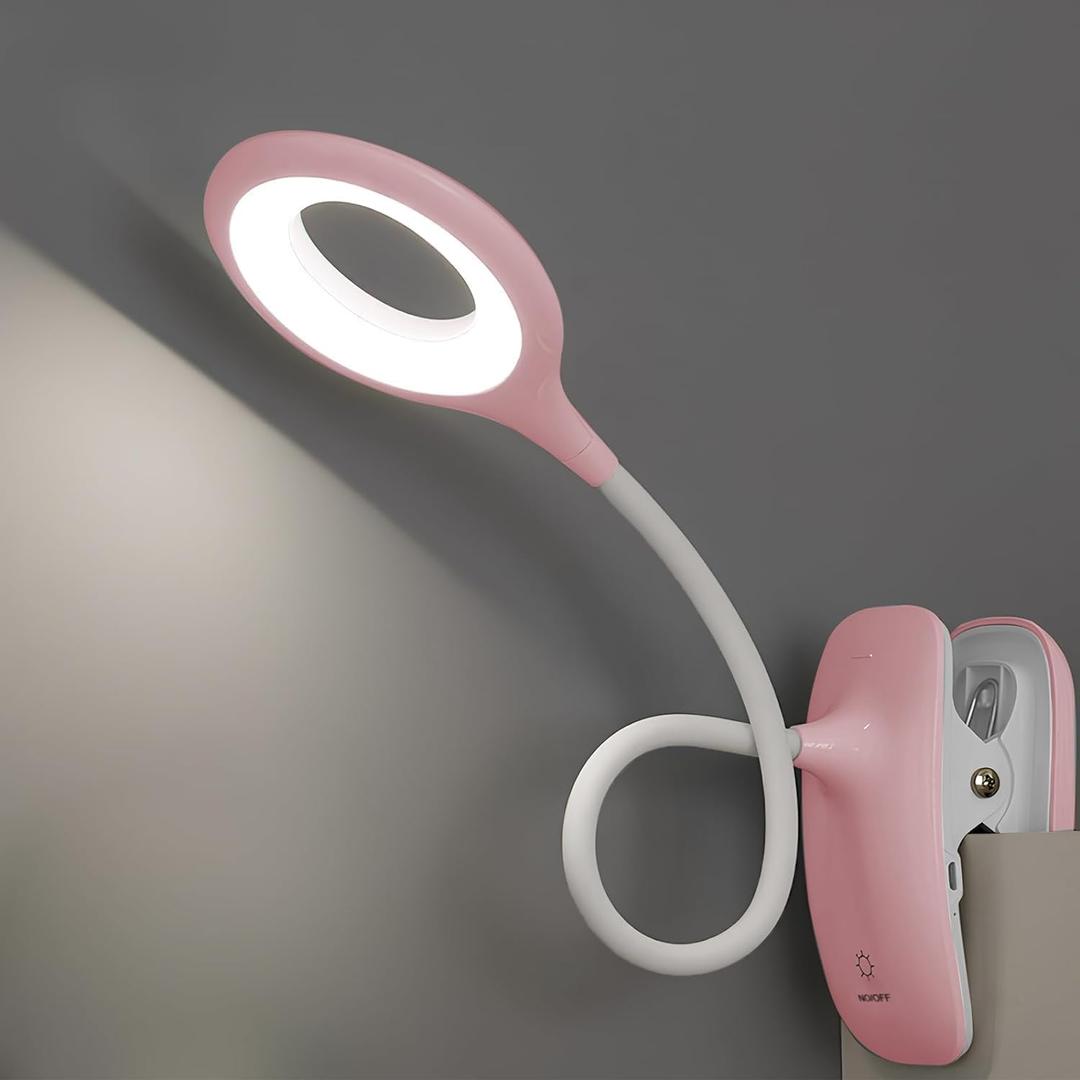 Clip On Reading Light, USB Rechargeable Desk Lamp for Dorm Room Essential, Clip On Light, 3 Color Touch Dimmable, Eye Protect, Pink