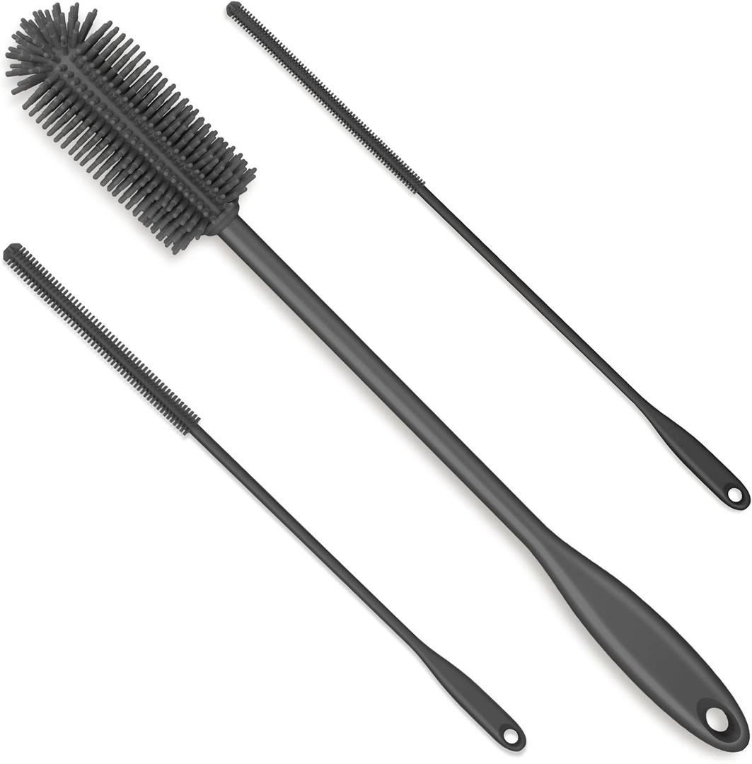 3-in-1 Silicone Bottle Brush and Straw Cleaning Brush Set, Water Bottle Cleaner for Narrow Neck Containers, Tumblers, Flask, Vase and Glassware (Charcoal)