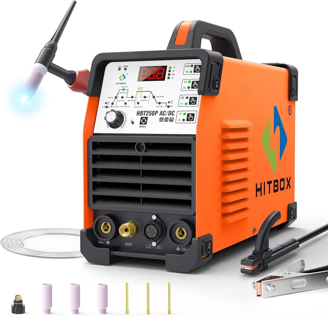 HITBOX TIG Welder AC/DC with Pulse, 200A Professional Aluminum Welding Machine with Square Wave/Stick/MMA/IGBT, 220V Exquisite All-Round Arc Welder, Offering You Excellent Cost Performance (HBT250P)