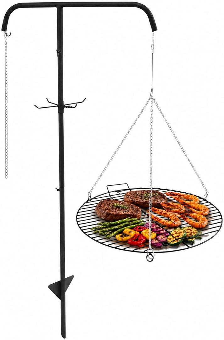 22" Fire Pit Campfire Grill Grate, Hanging Open Fire Cooking Grill Grate Portable Round Camping Cooking Barbecue Rack Heavy-Duty, Easy Setup & Adjustable Height for Outdoor Camping BBQ