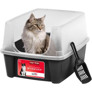 IRIS USA High Sided Cat Litter Box, Large, Scatter Shield, Black