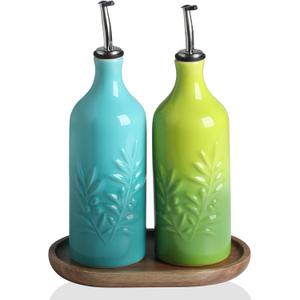 Sweejar Ceramic Olive Oil Dispenser Bottle, 20 Oz Relief Opaque Oil Cruet Protects To Reduce Oxidation, Suitable for Storage, Vinegar, Soy Sauce,Liquids,Set of 2 (Gradient Blue Gradient Green)