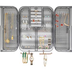 Wall Mounted Jewelry Organizer, No Punching Installation, Hanging Jewelry Organizer Box and Storage Case, Necklace Earring Holder Organizer Wall for Women Teen Girls (Gray Gold)