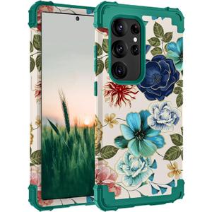 Hocase for Galaxy S25 Ultra Case, Shockproof Heavy Duty Hard Plastic+Soft Silicone Rubber Bumper Hybrid Dual-Layer Protective Case for Samsung Galaxy S25 Ultra 6.9" 2025 - Teal Flowers