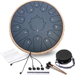 Steel Tongue Drum 13 Inch 15 Notes,Hand Drums with C-Key Travel Bag Drumsticks Holder Finger Paddles and Music Book,Handpan Percussion for Musical Education Meditation Yoga Gifts(Navy Blue)