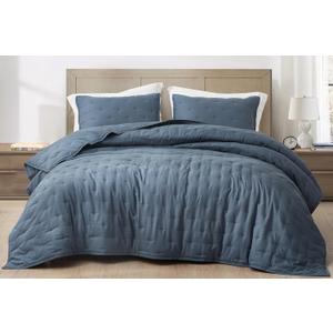 Chezmoi Collection Glen 3-Piece Crescent Stitched Quilt Set, Oversized King Size, Steel Blue - Rayon Derived from Bamboo & Polyester Blended, Soft Breathable Cooling Bedspread for Hot Sleepers