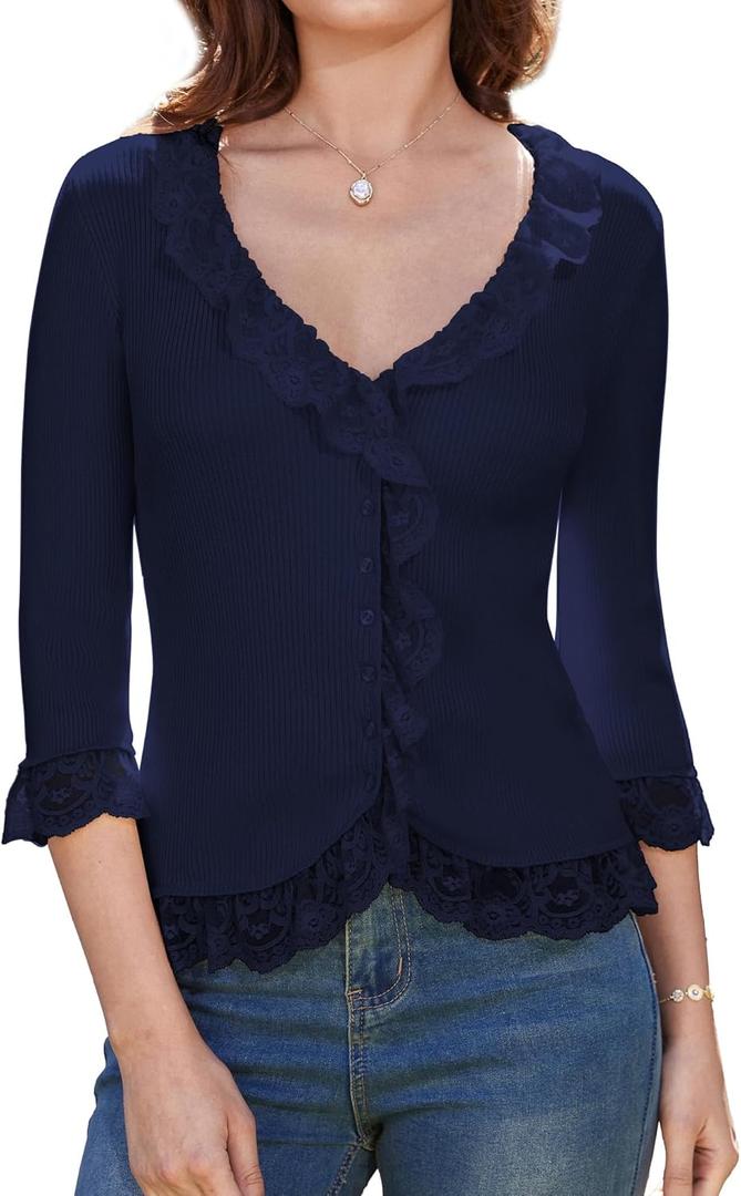 GRACE KARIN Lightweight Cardigan Sweaters for Women 2025 3/4 Sleeve Lace Button Open Front Bolero Shrug (X-Large, Navy Blue)
