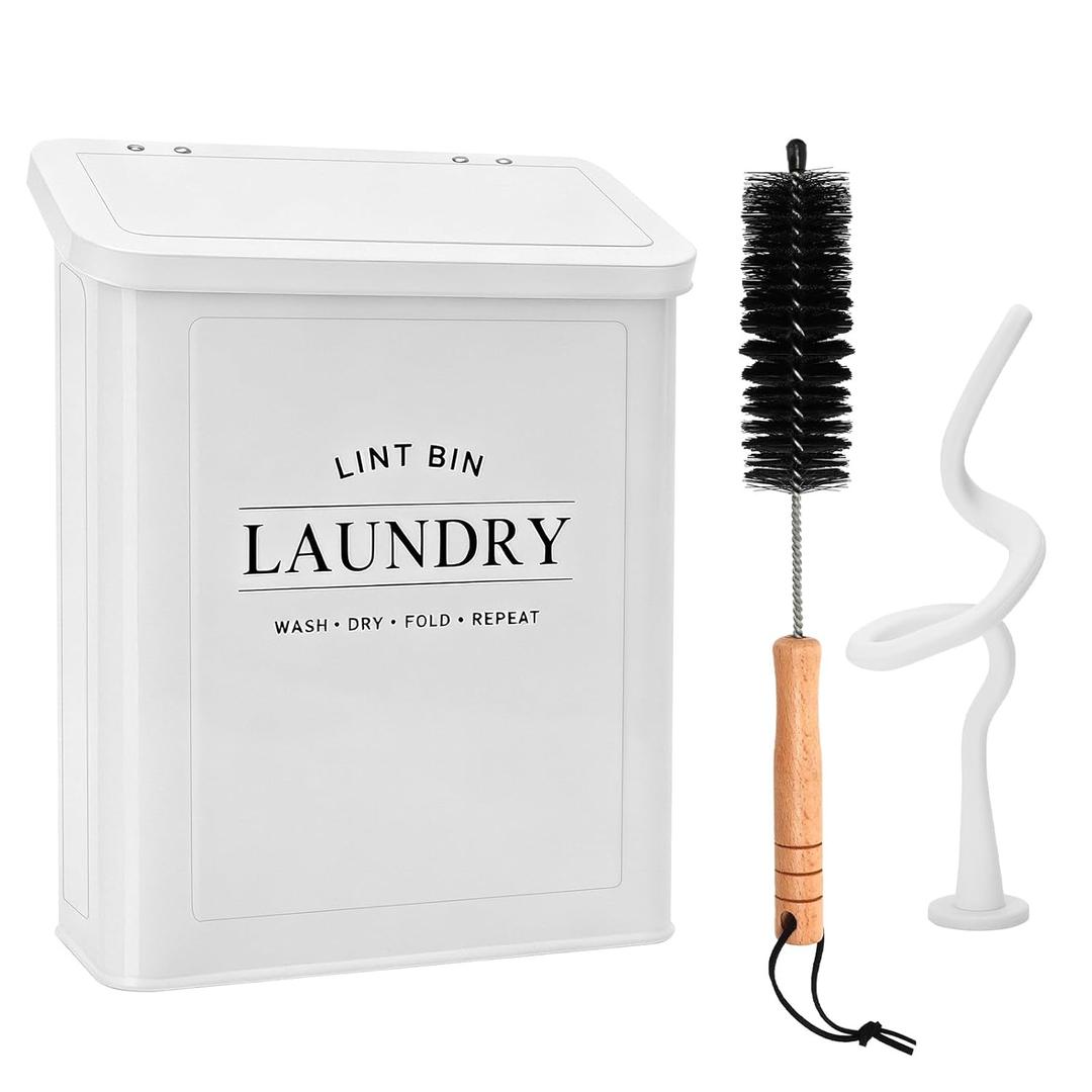 Magnetic Lint Bin, GWHMYD Lint Bin with Washer Door Prop and Brushes, Wall Mounted Metal Box Holder Trash Can with Lid for Dryer Laundry Room Organization