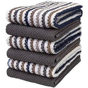 Premium Kitchen Towels (16”x 26”, 6 Pack) | Large Cotton Kitchen Hand Towels | Popcorn Striped Design | Dish Towels | 430 GSM Highly Absorbent Tea Towels Set with Hanging Loop | Gray