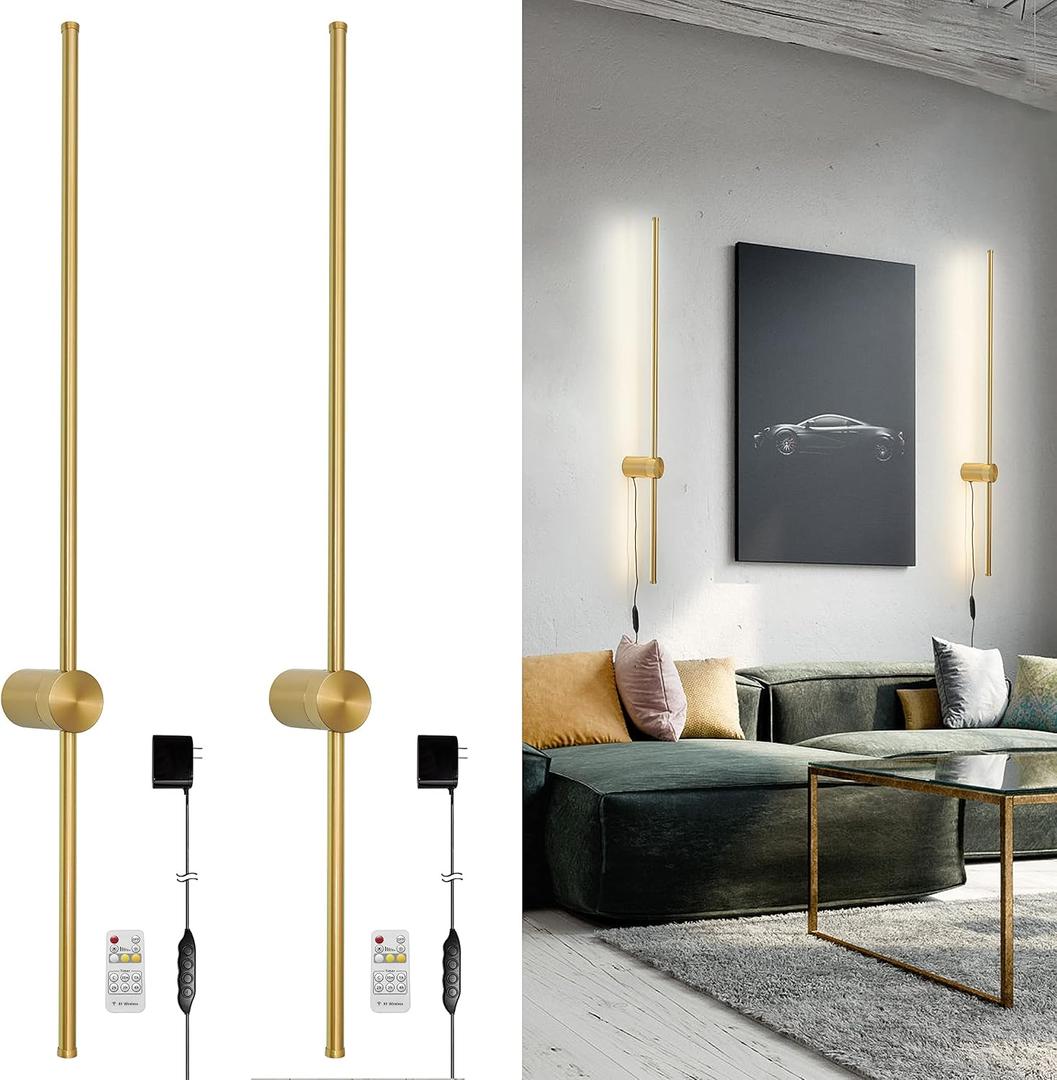 Modern Plug in Wall Sconces Set of Two,Gold Plug in Wall Light with Remote,Wall Lamp with Plug in Cord, LED Wall Light with Memory Function, Original Brand Lighting