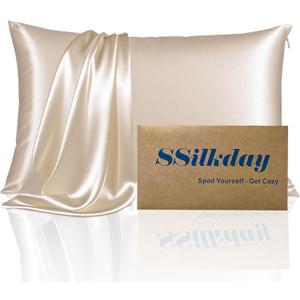 Mulberry Silk Pillow Cases with Zipper, Ultra Smooth Soft Breathable Cooling Pillow Cases for Hot Sleepers, Silk Satin Pillowcase for Hair and Skin, Gifts for Women (Champagne, Standard Size, 1 Pack) (Standard - 2026 Inch)