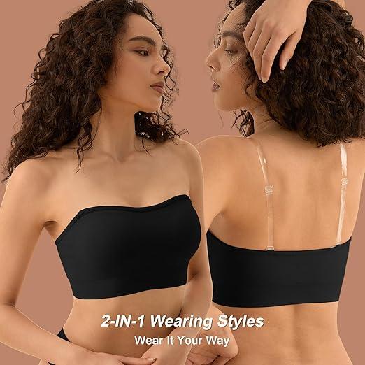 Strapless Bras for Women, S-XL, Non-Slip Silicone Padded Bandeau Bra with Free Clear Strap, Wireless Tube Top Bralette  Medium Black