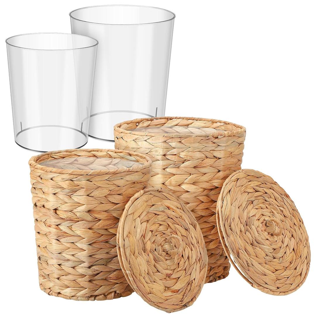 2 Pcs Wicker Trash Can with Lid and Liner, 2.7 Gallon and 1.88 Gallon Wastebasket Garbage Can Boho Storage Basket for Bathroom Bedroom Home Office Kitchen