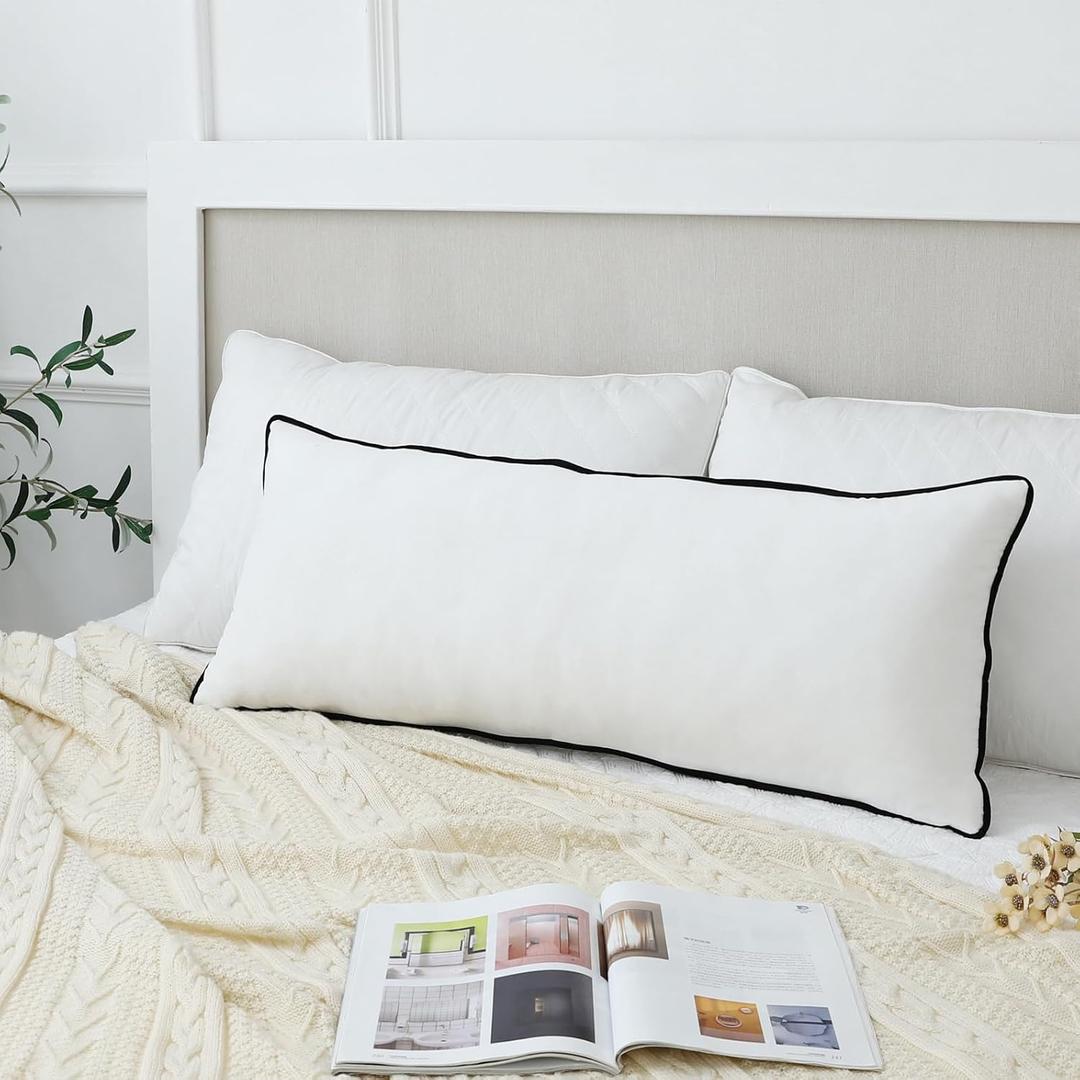 LIGICKY Long Lumbar Pillow Cover 16x36 inch White Velvet Black Rope Edging Throw Pillow Covers Decorative Rectangular Body Pillow Case Accent Textured Cushion Cover for Bed Couch(Cover Only)