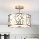 BUXVRCS Semi Flush Mount Ceiling Light, Unique 3-Light Drum Light Fixture with Fabric Shade, Kitchen Light Fixtures Ceiling Mount, Modern Close to Ceiling Lamp for Living Room (Brushed Nickel)