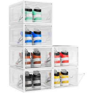 6 Pack Thicken Shoe Organizer Stackable,Upgraded Sturdy Shoe Storage Box with Magnetic Door,Shoe Containers for Sneaker Display,White