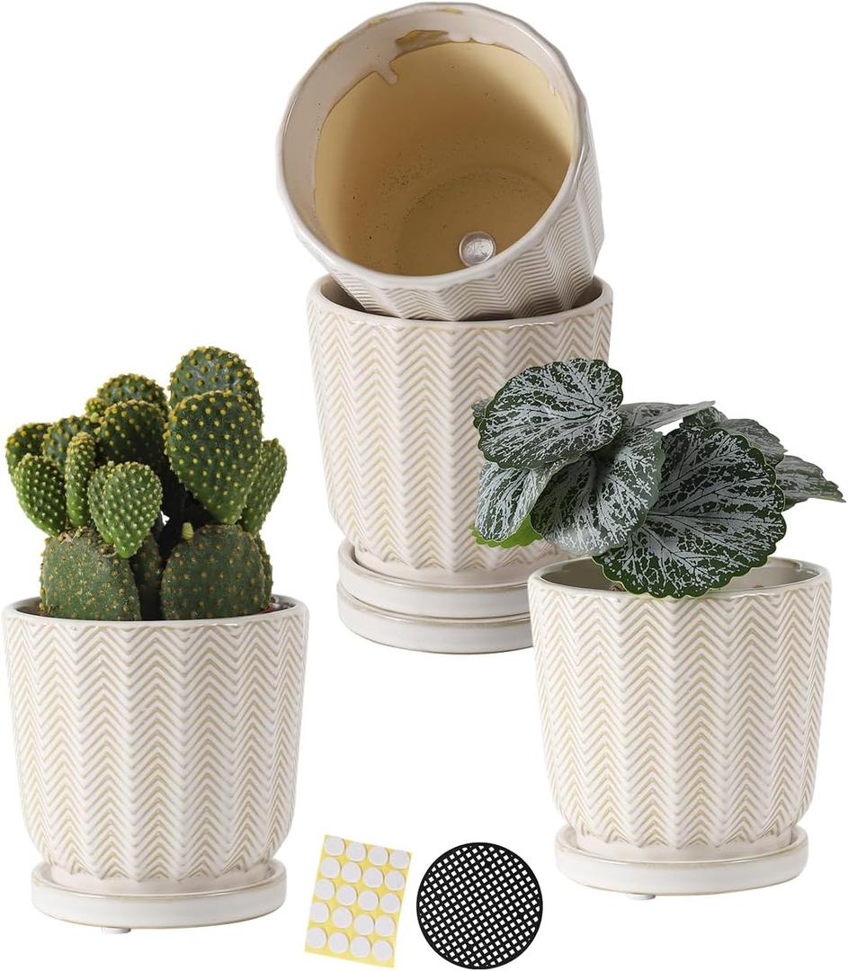 TAMAYKIM 4.5 Inch Ceramic Plant Pots with Drainage Holes, Serrated Relief Design Small Flower Planter with Tray for Indoor/Outdoor Planting, Best for Succulent, Cactus & Herbs, White, Set of 4