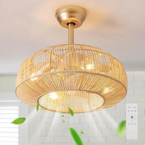 20" Boho Rattan Ceiling Fan with Lights, Flush Mount Caged Ceiling Fan with Remote, 6 Speed, Timing, Reversible Blades Enclosed Farmhouse Fan Lights for Bedroom, Kitchen