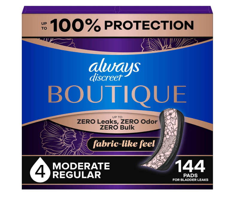 Always Discreet Boutique Incontinence Pads, for Bladder Leaks, Moderate Absorbency, Regular Length, 144 Count (3 Packs of 48)