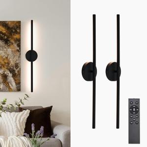 Black Battery Operated Wall Sconces Set of 2 360 Rotate Dimmable LED Wall Lamps 19.6 Inch Wireless Rechargeable Wall Lights with Remote Control
