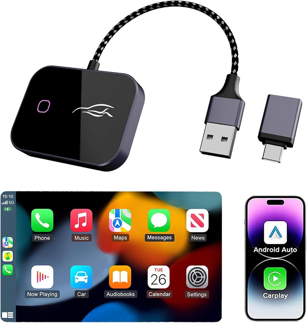 Wireless CarPlay Adapter for iPhone & Android, Convert Wired to Wireless CarPlay Dongle, Plug & Play USB-C, Auto Connect, 5GHz WiFi, Compatible with iOS 10+ & Android 11+ Cars（Black）